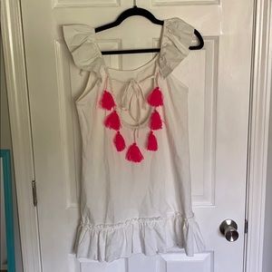Linen white dress tassels pink sleeveless coverup